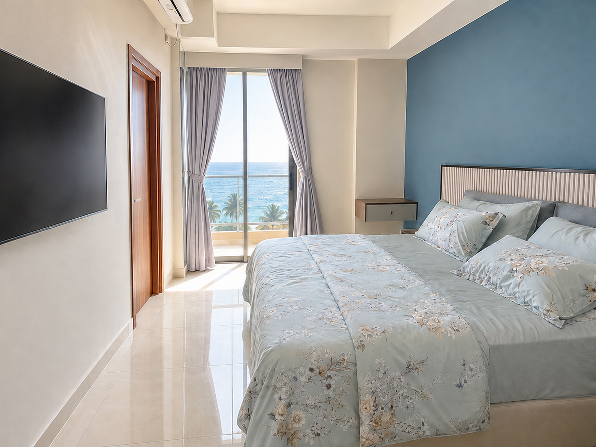 Blue bedroom with ocean view